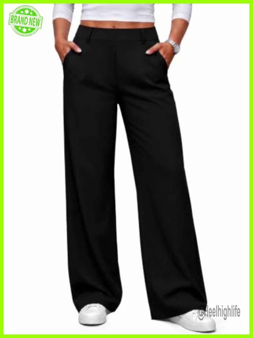 Women Wide Leg Pull On Trousers Business Casual High Rise Slacks